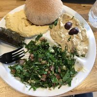 Sassool Platter with hummus, tabouli, baba ganouj, stuffed grape leaves and warm-out-of-the-oven pita .  At Sassool in Cary, NC. at Sassool in Cary