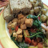 Tofu Scramble with spinach, soy sausage and tomatoes at Lucy's Cafe in Chicago