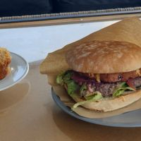 Pistachio bread and ball, fungiburger, latte macchiato at Seeds Cafe in Fornebu
