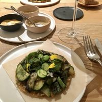 Tostada, peanut salsa macha and grilled seasonal vegetables at KLE in Zurich