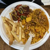 Beef less entree with fries and rice & beans  at The Earthy Kitchen in Orlando