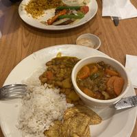 Beef less stew with white rice, beans and tostones   at The Earthy Kitchen in Orlando