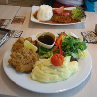 Schnitzel (front) and sea slices (back) at Loving Hut - Na Porici in Prague