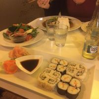 Vegan sushi and rice and vegetable plate at Loving Hut - Na Porici in Prague
