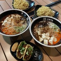 Spicy creamy vegan ramen, extra noodles, vegan tacos  at JINYA Ramen Bar in San Jose