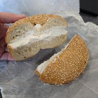 Toasted sesame bagel with vegan toffuti cream cheese at David's Bagels in Pomona