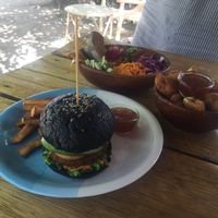 Veg burger, falafel bowl, and cauliflower popcorn! at Moochie's Cafe in Weligama