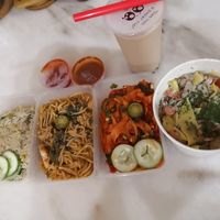 Laksa goreng, vegetables fried rice, Kway teow goreng and grill chicken with spinach pasta at Bazil Kitchen in Central Singapore
