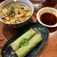 Mixed veg rice and vegan spring rolls!  at Itadakizen in London