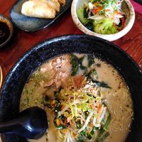 Creamy ramen and gyoza and broccoli sides for lunch at Itadakizen in London