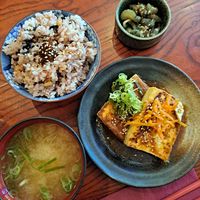 Rice, miso, tofu steak, pickles at Itadakizen in London