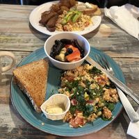 Mediterranean scramble with fresh fruit   at Liv & Charlie's in Lambertville
