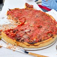 Large deep dish with vegan sausage, fresh mushrooms, onion, green peppers at My Pi in Chicago