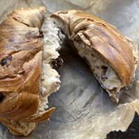 Cinnamon raisin bagel with walnut-cinnamon vegan cream cheese    at Liberty Bagels in New York City