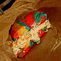 Rainbow bagel with veg tofu cream cheese at Liberty Bagels in New York City