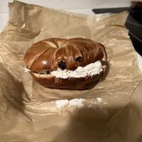 Cinnamon raisin bagel with tofu cinnamon walnut raisin cream cheese  at Liberty Bagels in New York City