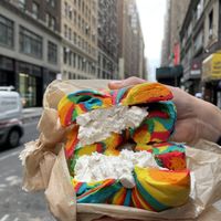 Rainbow bagel with plain tofu cream  at Liberty Bagels in New York City