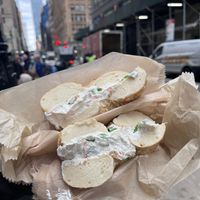 Onion bagel with tofu and veggies   at Liberty Bagels in New York City