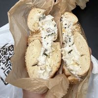 Everything with tofu spinach and artichoke cream cheese  at Liberty Bagels in New York City