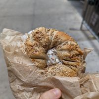 Everything bagel with tofu vegetable cream cheese at Liberty Bagels in New York City