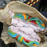 Rainbow bagel with blueberry tofu spread    at Liberty Bagels in New York City