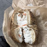 Toasted everything bagel with tofu vegetable cream cheese   at Liberty Bagels in New York City