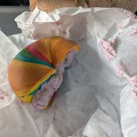 Rainbow bagel with blueberry cream cheese at Liberty Bagels in New York City
