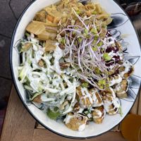 KIM'S TEMPLE (HOT + GARLIC) kimchi #l, tempeh, zucchini, beet root, cashew sour cream, tahin dressing. walnuts, sprouts  at  Natürlik Lekkeria in Mainz