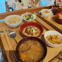 Lunch set with miso soup, rice, salad, chickpeas, taro ball at il riccio in Himeji