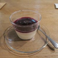 soy pudding with blue berry topping at il riccio in Himeji