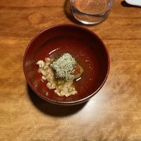 Soup with puffed rice, seaweed, and potato  at Veganic Monkey Magic 浅草 in Tokyo