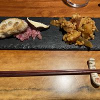 Lotus root rice cake, pickled onions, mushroom, stewed root vegetables  at Veganic Monkey Magic 浅草 in Tokyo