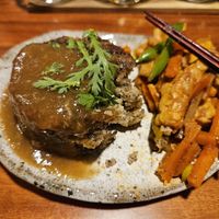 Mushroom patty and tempeh at Veganic Monkey Magic 浅草 in Tokyo