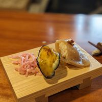 Sushi course, eggplant and konnyaku(?) at Veganic Monkey Magic 浅草 in Tokyo