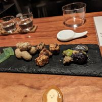 Eggplant, tempeh, boiled peanuts, seaweed jelly at Veganic Monkey Magic 浅草 in Tokyo