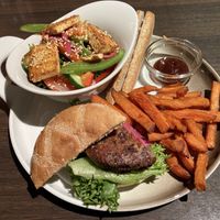 Tofu salad, vegan burger and sweet potato fries 😋😋 at Spiseriet in Bodo