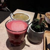 beetroot latte with oat milk at Wild Foodz by Hotel Entree in Bruges