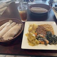Vegetarian (vegan) combo + injera flatbread (in rolls)  at Nafkot Ethiopian in Raleigh