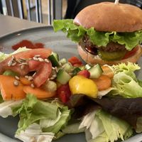 Beyond burger with a side salad   at Katzentempel in Regensburg