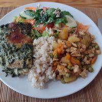 One main was breaded spinach and one main was soya chunks, potatoes, peas and carrots - we had a bit of both. at Granos Espaço Vegetariano in Lisbon