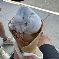 Waffle cone with chocolate peanut butter and butterfly pea ice cream  at Nicoco Hawaiian Gelato in Hilo