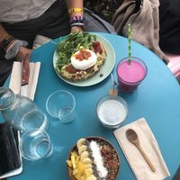 Burrata toast (NOTvegan) , pineapple bowl , pea flower latté and pitaya drink  at Acai & You - de Maubeuge in Paris