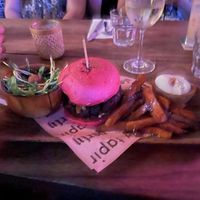 Pink burger & sweet potato fries  at The Hungry Tapir in Kuala Lumpur