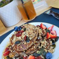 Healthy pancakes and passion fruit ice tea at Brunch Republic in Treviso