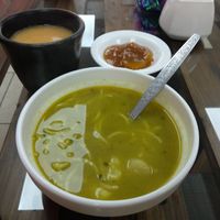 Soup, juice and peach dessert at Prana Veggie in Quito