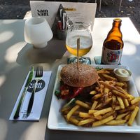 Veganized Quinoa-falafel burger with fries and vegan mayo and a Duvel beer at Sam Sam in Enschede