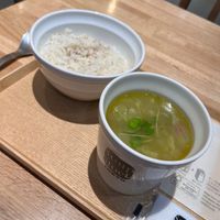 Green vegetable minestrone soup with a side of sesame rice (both regular size) at Soup Stock Tokyo in Sapporo