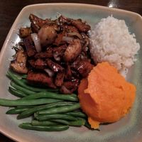 Seitan marsala with rice, mashed sweet potatoes, and green beans (vegan) at Blind Faith Cafe in Evanston