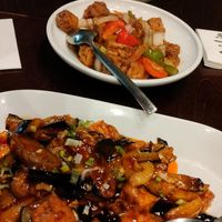 From front to back: eggplant in Sichuan style, tofu in Sichuan style, sweet-sour cabbage and black mushroom salad at Mei Lin in Helsinki