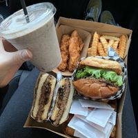 Patty melt, Malibu burger, "chicken" tenders, fries, and a cookies and cream milkshake ❤️ at Malibu's Burgers in Oakland